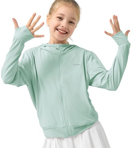 Rolanko Chaqueta de verano para niñas con agujeros para los pulgares, manga larga, protección solar, secado rápido, cremallera, sudadera con capucha, tops rash guard para niños, verde, 11-12 años