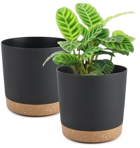 20cm Plant Pots Self Watering 2PCS, Large Black Plant Pots Indoor Outdoor, Flower Pots Plastic Modern Planters with Drainage Holes and Detachable Saucer, Planter for Flowers for Home Garden Windowsill