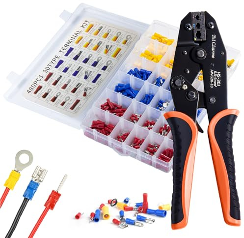 Insulated Wire Terminal Crimping Tool Kit AMG20-10, 0.5-6mm² Ratchet Crimper Pliers with 480pcs Butt Connectors for Electrical Crimping Jobs