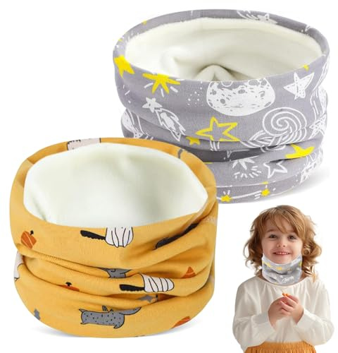 CIYIN Tour de Cou Enfant, 2 Pcs Snood Coton Enfant, Cache Cou Enfant, Tour de Cou Enfant Polaire, Écharpe Bébé Hiver, Cache cou Foulards, pour Garçons Filles (Gelb+Grau)