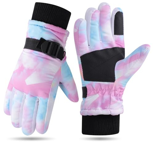 Kids Ski Gloves Waterproof Thermal Snow Gloves for Girls Aged 5-15, Windproof Non-Slip Winter Mittens with Adjustable Cuffs, Warm Snowboard Mittens for Sledding Skating Outdoor Sports (9-15 years)
