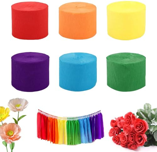6 Rotoli Carta Crespa Colorata,Crepe Paper 25 m x 4.5 cm,per Feste Festa,Matrimonio,Compleanno Celebrazione Varie Decorazioni