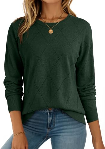 Dokotoo Fall Sweaters for Women Long Sleeve Shirts Crewneck Hollow Out Lightweight Soft Sweater Knit Cute Tops Dressy Casual Comfy Fashion Vacation Outfits Winter Clothes Green Medium