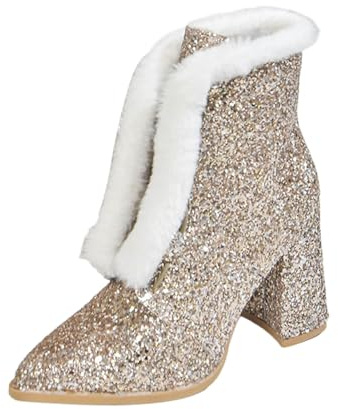 BIBOKAOKE Bottines élégantes pour femme - Bottines pointues - Avec talon bloc - Bottes mi-hautes - Brillantes - Bottes courtes classiques - Bottes d'hiver pour fête festive, Style R01 doré, 37.5 EU