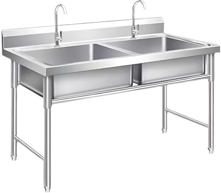 Lavandino professionale autoportante a 2 vasche, in acciaio inox, con gambe regolabili, 120 x 60 x 80 cm, ideale per cucina, garage, negozio, uso esterno