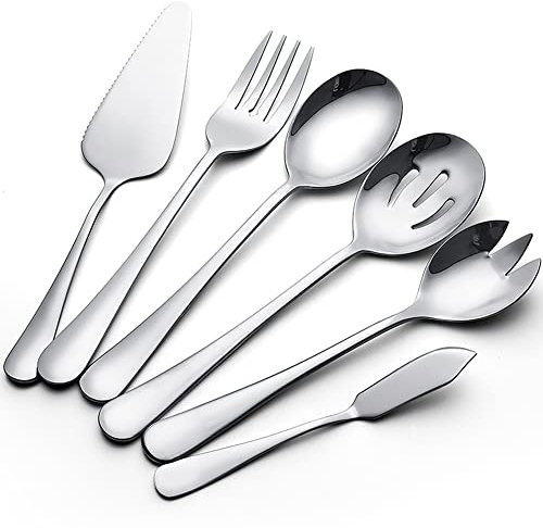 AOOSY 6 Pieces Cutlery Serving Set,Stainless Steel Flatware Serving Spoons Silver Kitchen Cooking Tools Cake Butter Knife Spoon Fork Pack for Home Buffet Party Mirror Finished