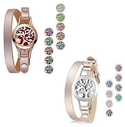JewelryWe Smycken eterisk olja armband rostfritt stål livets träd locket medaljong aromaterapi aromoljor parfym diffusor äkta läder armband med 8 kuddar, 40 cm, Läder