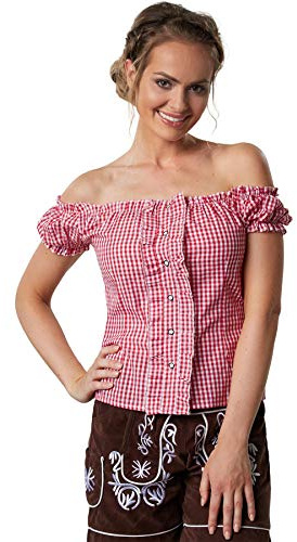 dressforfun 900619 - Blusa para traje regional con cuello Carmen y tira de botones, manga corta, diseño de cuadros rojos y blancos, varios tamaños (303112)