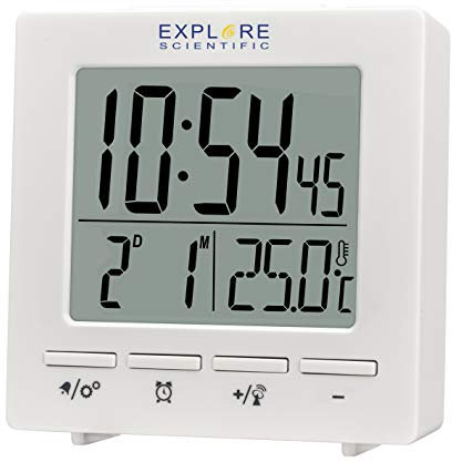 Explore Scientific RDC1005 Orologio radiocontrollato da viaggio, Doppio allarme, Snooze, Calendario, Bianco