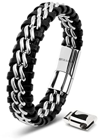 SERASAR Pulsera España Hombre Plata 17cm de Cuero Plateado Pulseras Hombres Brazalete Pulso Muñequera Bisutería Joyeria Cuerdas Bracelet Jewellery Ancha