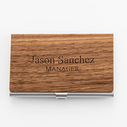 Kenon Personalisiertes Visitenkartenetui aus Holz, individuell gravierter Visitenkartenhalter für Männer und Frauen, Holz-Metall-Visitenkartenetui, braun, 3.7x2.28x0.39inch