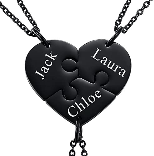 INBLUE Personalisierte Halskette für Männer/Frauen, Paar-/Freundschaftskette für 2/3/4/5 Teile, Schwarz/Silber Herz-Puzzle-Teile-Halsketten-Sets, Name/Text-Gravur Edelstahl-Halskette (3 Stück)