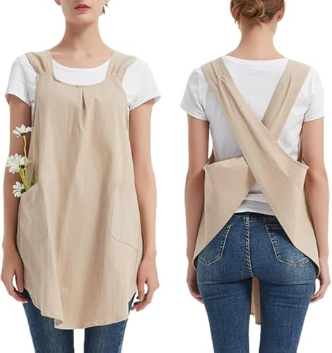 Aoipend Delantal japonés para mujer con 2 bolsillos, de lino, con cruz en la espalda, lindo vestido para cocina, jardín, pintura, beige, 39.97 x 36.62 inch