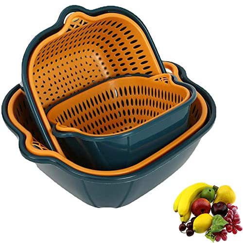3 Piezas Lavado y Colador, Coladores Plástico Para Frutas, Colador y Tazón, Colador Cocina Multifunción 2 En 1 Adecuado Para Lavado Frutas y Verduras Para Cocina