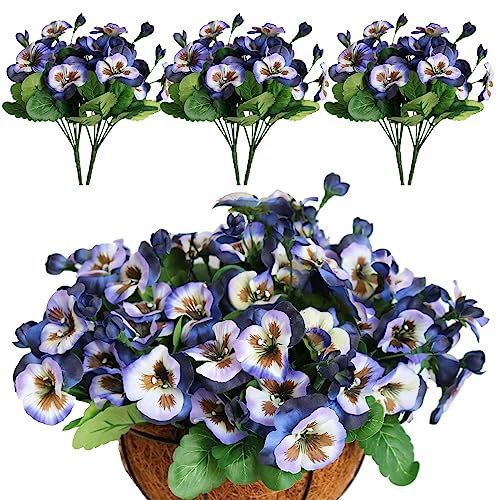 Elyjhyy Künstliche Stiefmütterchen, künstliche Stiefmütterchen, Kunststoffblumen, für drinnen und draußen, Dekoration für Zuhause, Garten, 6 Stück (lila, blau)