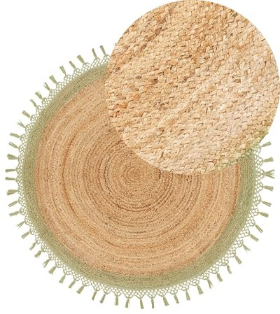 Rustikale Boho Teppich Rund 140 cm Natürliche Jute Handgeflochten Beige und Grün Marts