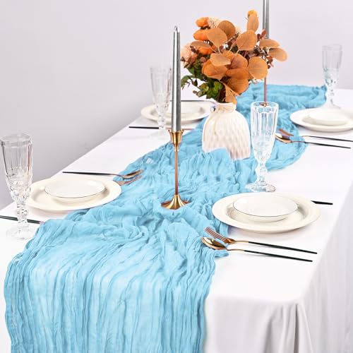 Lot de 2 Chemins de Table en Étamine et Gaze - 3 m x 35 x 120 cm, Tissu Transparent Rustique en Bleu Clair pour Décoration
