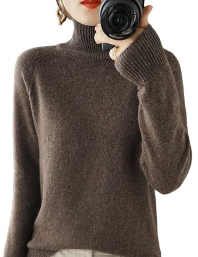 DSXH Maglione da donna in maglia a collo alto tinta unita invernale in cashmere a coste in lana calda a maniche lunghe (Colore: Nero marrone, Size: S)