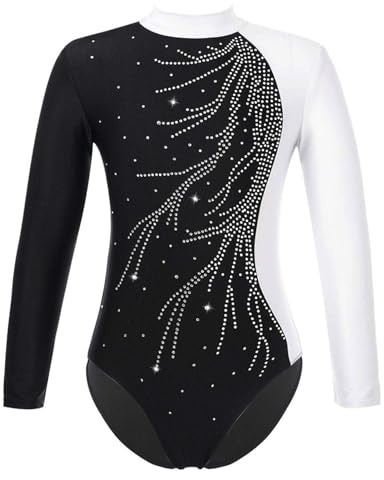 Manyakai Justaucorps Gymnastique pour Fille Enfant Strass Brillant Manche Longues Tenue Gym Patinage Danse 5-16 Ans A Blanc 13-14 ans