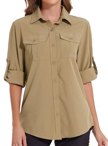 Tuopuda Chemisier Femme Chic Élégant Blouses UPF 50+ Protection Solaire T-Shirt Chemise Col en V avec Boutons Respirant Tunique Haut Manches Longues Décontracté Tops Randonnée Safari