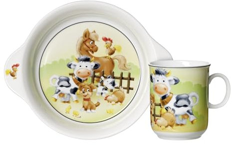 Ritzenhoff & Breker Kindergeschirr Set Hoftiere 2-teilig, Schale mit Griffen (500 ml) und Kinderbecher (270 ml), Kinder-Set mit Bauernhoftieren, Porzellan, Bunt