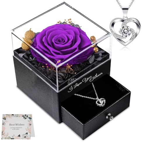 skelo Rose réelle éternelle avec Collier, Cadeau pour Les Femmes, Anniversaire, Boîte de Roses Infinity en Fleurs, boîte Cadeau de Bijoux, Cadeaux pour Maman, Amie, épouse, Grand-mère, Violet