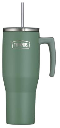 Thermos REFRESHING SERIES Isolier-Trinkbecher 1,1l grün matt, Tumbler mit Strohhalm und Griff für unterwegs, Arbeit oder zu Hause, geschmacksneutraler doppelwandiger Edelstahl