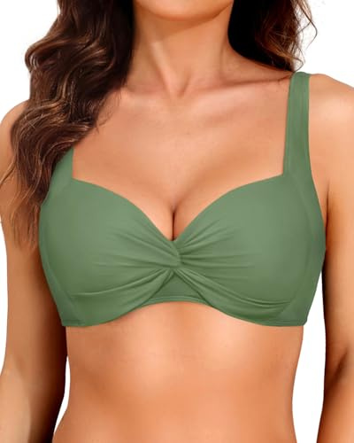 Yonique Women Underwire Bikini Top - Push Up Bathing Suit Top Padded Bra Swimsuit Top Olive Green M