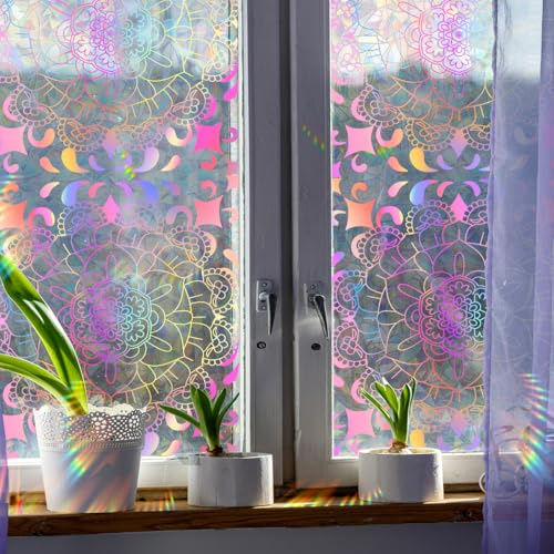 Alwayspon Icke-självhäftande färgat glas regnbåge fönsterfilm, rosa och lila vinyl statisk fästande fönsterklistermärken, avtagbar integritetsfilm för glasfönster dörrdekoration