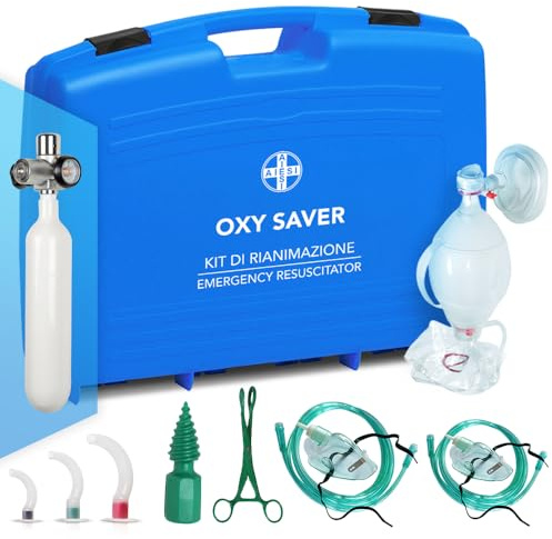AIESI® Kit di Primo Soccorso con bombola di ossigeno ricaricabile pallone ambu guedel ed accessori OXY SAVER, Made in Italy