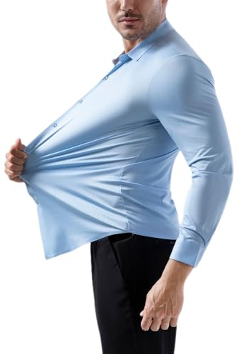 MAOAEAD Camicia da uomo elasticizzata, senza stirare, antirughe, classica, con bottoni, a maniche lunghe, camicia da lavoro casual e business, Azzurro, XL
