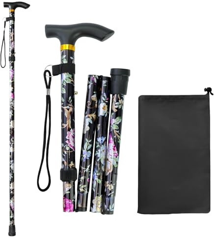 Bastones Plegables para Mayores, Bastón Plegable Ajustable Bastón de Aluminio Floral Negro Bastón Plegable Mujer Bastones para Mayores Extensible para hogar y Viaje, con 1 Bolsa Negra con cordón