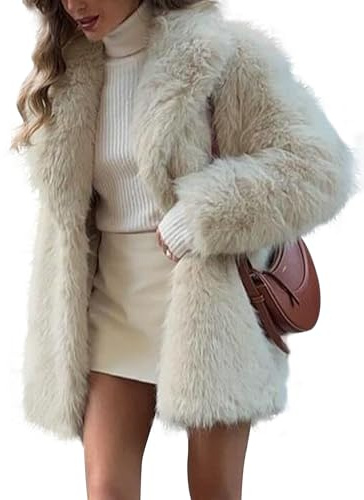 Cappotti in pelliccia sintetica da donna giacche calde di media lunghezza con risvolto a maniche lunghe Capispalla soffici invernali Cappotto parka shaggy (Beige,S)