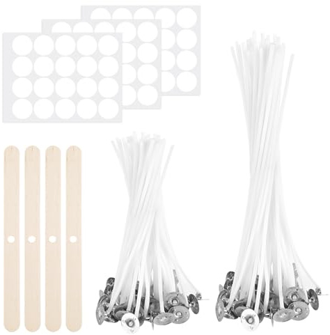 Juego de mechas para Velas, 100 mechas de 15 cm y 10 cm, Incluye 10 portavelas de Madera y 100 Pegatinas Adhesivas, Hacer Velas aromáticas y portavelas caseros