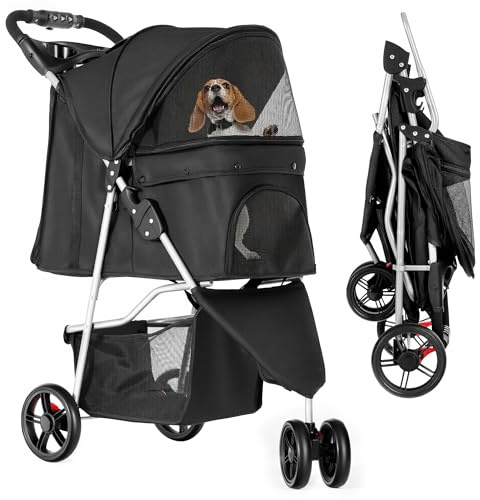YITAHOME 15 kg Foldable Dog Stroller, Cat Stroller with 3 Wheels, Mesh Windows, Cup Holder, and Brakes, Suitable for Medium-Sized Pets Black