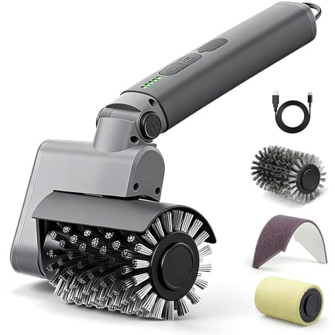 Kit de Cepillo Eléctrico para Barbacoa 3 en 1 – Limpiador de Parrilla Inalámbrico con Cabezales de Metal Reforzados – 2 Horas de Batería, Impermeable y Apto para Lavavajillas – Color Gris Claro