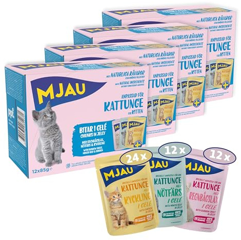 Mjau 48x85g Kattunge bitar i gelé med regnbågslax, nötfärs & kyckling – 4× Multibox våtfoder för kattungar i storpack. Spannmålsfritt recept, utan tillsatt socker och i praktiska portionspåsar