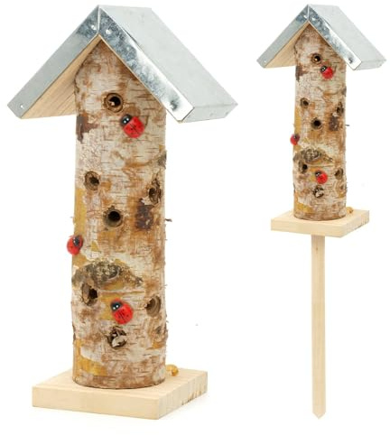 CKB LTD Torre de mariquita con estaca de madera para insectos, hotel, hábitat natural, jardín rústico, refugio de vida silvestre para insectos beneficiosos, decoración de jardín al aire libre