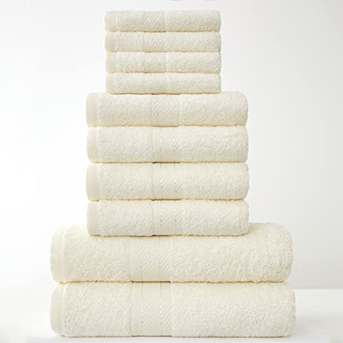 Lions Towels 544692 - Juego de 10 piezas 100% algodón egipcio, 4 caras, 4 manos y 2 toallas de baño, accesorios de baño altamente absorbentes de agua, lavables a máquina, crema estándar, 544692
