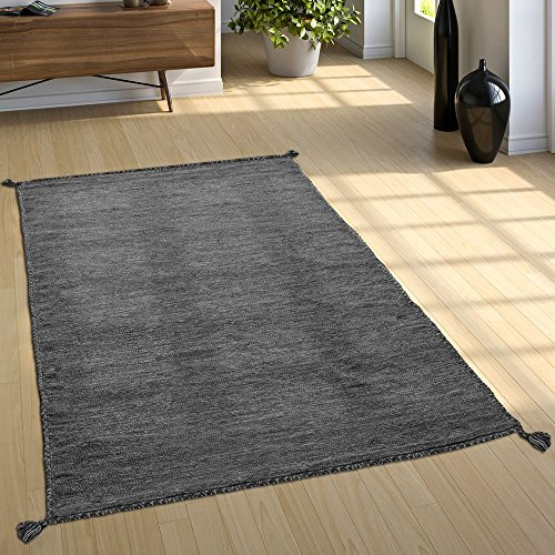 Paco Home Wohnzimmer Natur Teppich m. Fransen, Moderner Handgewebter Kelim, 100% Baumwolle, Grösse:80x150 cm, Farbe:Grau