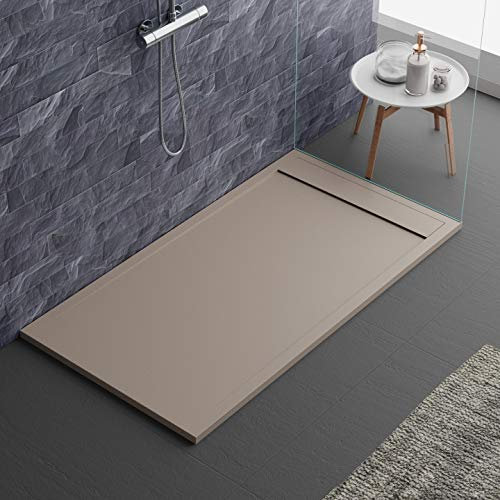 Plato de ducha color capuchino, diseño moderno, modelo Sevilla, en Mineralmarmo efecto piedra pizarra, Luxury, gelcoat, slim 3 cm, fabricado en Europa