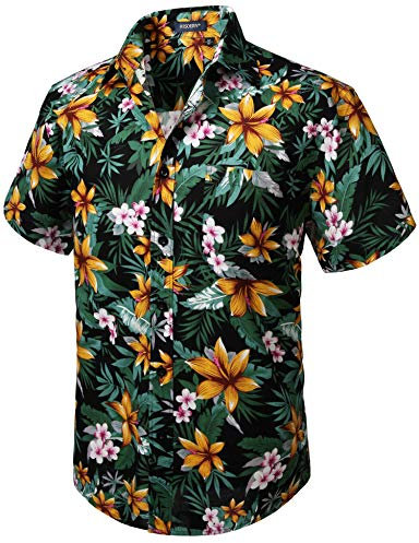 HISDERN Herren Funky Hawaiihemd Blumenhemden Kurzarm Vordertasche Urlaub Sommer Aloha Bedruckter Strand Lässig Schwarz Orange Hawaii Blumenhemd