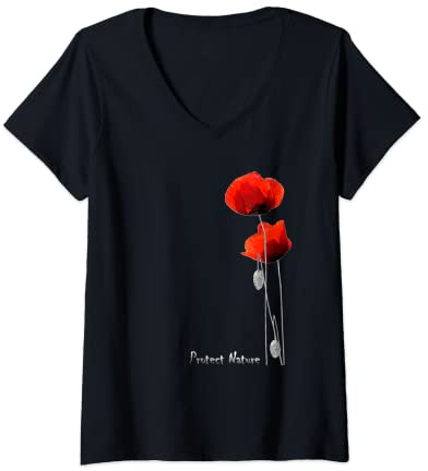 Femme Coquelicots Rouges et Abeille | Protect Nature T-Shirt avec Col en V