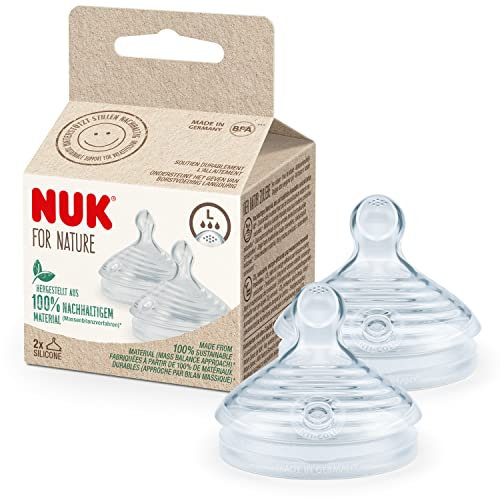 NUK for Nature Ersatz Silikon Trinksauger für Babyflasche | Groß | Der Mutterbrust nachempfunden | Anti-Colic-Ventil | Nachhaltige und BPA-freie Materialien | 2 Stück