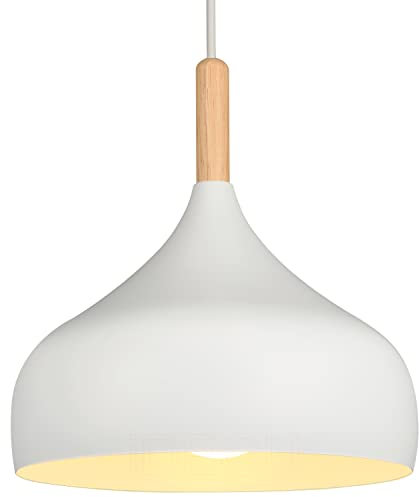 iDEGU Hängelampe Retro 24cm Hängeleuchte Moderne Skandinavisch E27 Deckenleuchte aus Metall Holz Pendelleuchte für Schlafzimmer Esszimmer Küche Wohnzimmer (Weiß,1 Stück)
