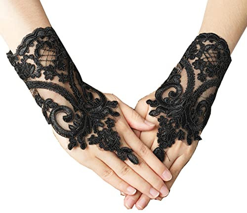JINYISI Lace Handschuhe Damen Kurze Hochzeitshandschuhe für Frauen Spitze bestickte Fingerlose Handschuhe Sonnenschutz Fingerlose Braut Handgelenk Handschuhe(Schwarz gold/rot/schwarz/weiß)