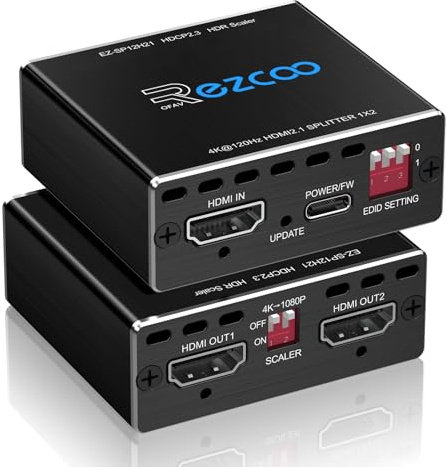ROFAVEZCO 4K 120Hz HDMI 2.1 Splitter 8K 60Hz 1 in2 out VRR ALLM HDCP2.3 HDR10 8KUHD D-olby Vision Atmos Scaler 4K EDID 1080P Dual Monitors HDMI 2.1 Splitter 1X2 for PS5 SkyQ Xbox NVIDIA AMD