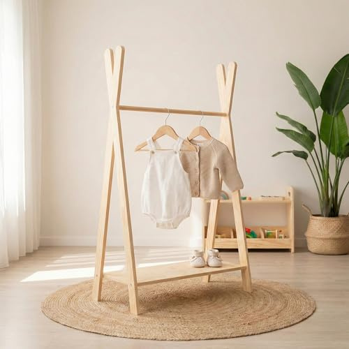 smartwood Perchero de Pie TIPI L 120x83x36 cm - Burro Ropa Montessori en Contrachapado de Pino FSC con Barra para Ropa y Estante - Perchero para Niños con Capacidad de Carga hasta 30 kg