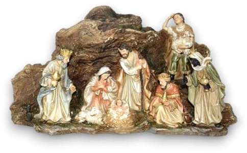 Generico Aurora Store Grotta Capanna effetto Roccia PRESEPE di Natale Completa di Natività da 8 Pezzi con 3 Re Magi in Resina statuine pastori presepe Dimensioni 31x20x h.18 cm Napoletano