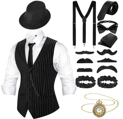 Hestya Tenue des Années 20 pour Homme avec Gilet Chapeau Fédora Bretelles Nœud Papillon Montre de Poche (Rayure Noire Blanche, XXL)